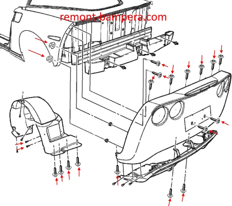 Схема крепления заднего бампера Chevrolet Corvette C6 (2005-2013)