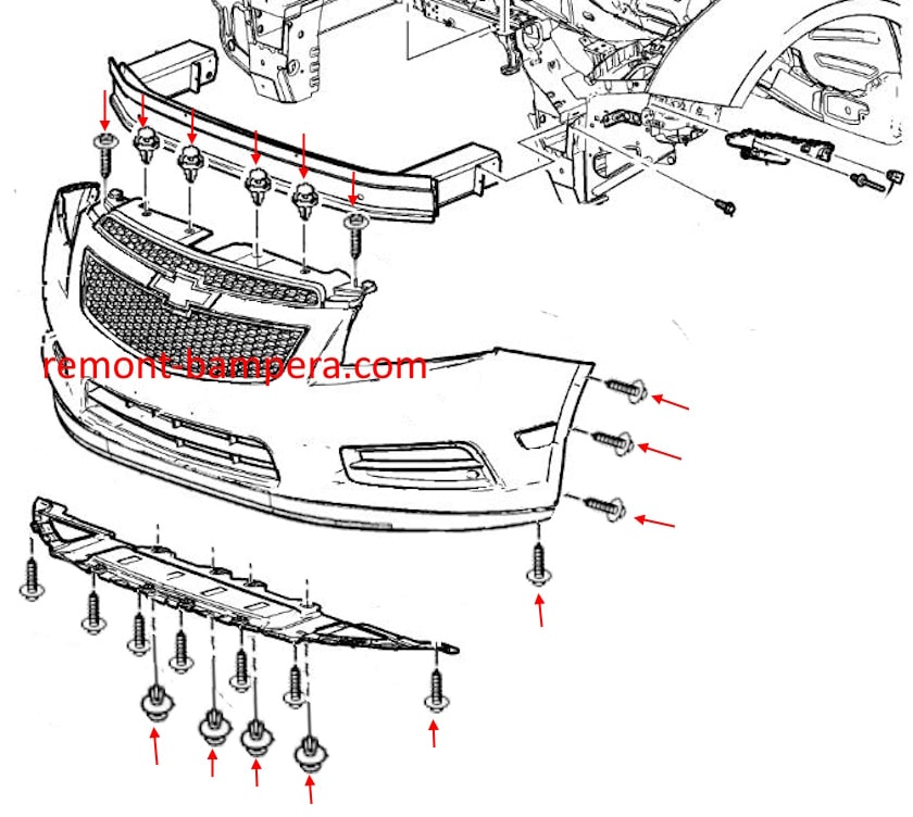 Схема крепления переднего бампера Chevrolet Cruze I (2008-2016) 