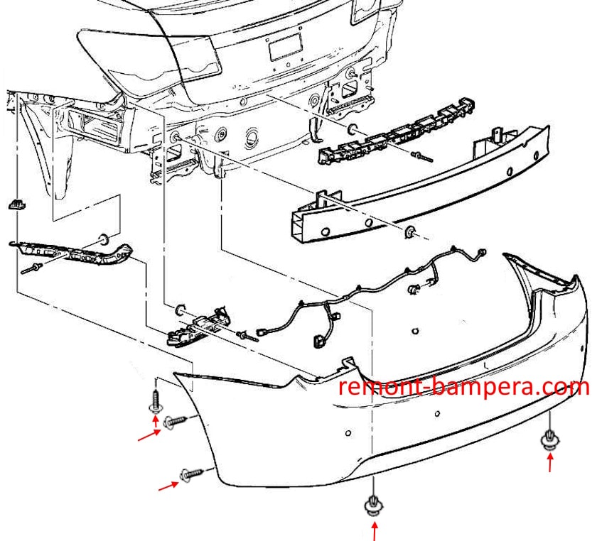 Схема крепления заднего бампера Chevrolet Cruze I (2008-2016) 