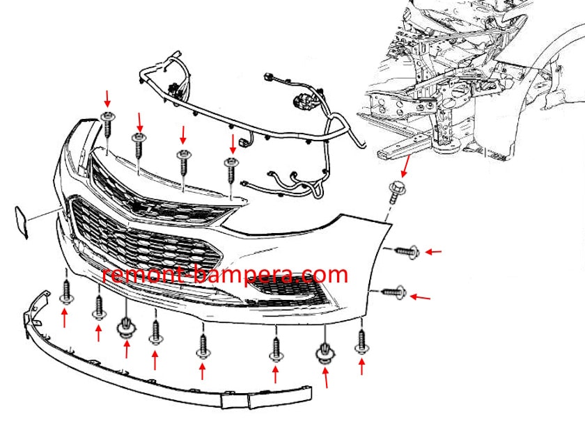 Схема крепления переднего бампера Chevrolet Cruze II (2016-2019) 