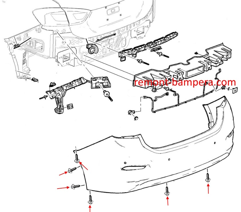 Схема крепления заднего бампера Chevrolet Cruze II (2016-2019) 
