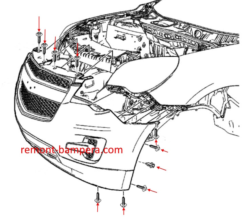 Схема крепления переднего бампера Chevrolet Equinox II (2010-2017) 