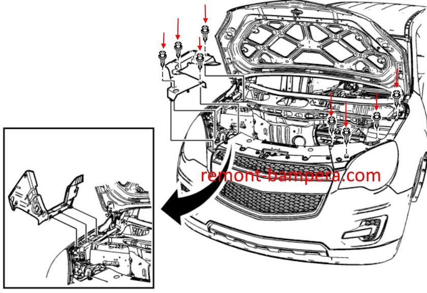 Схема крепления переднего бампера Chevrolet Equinox II (2010-2017) 