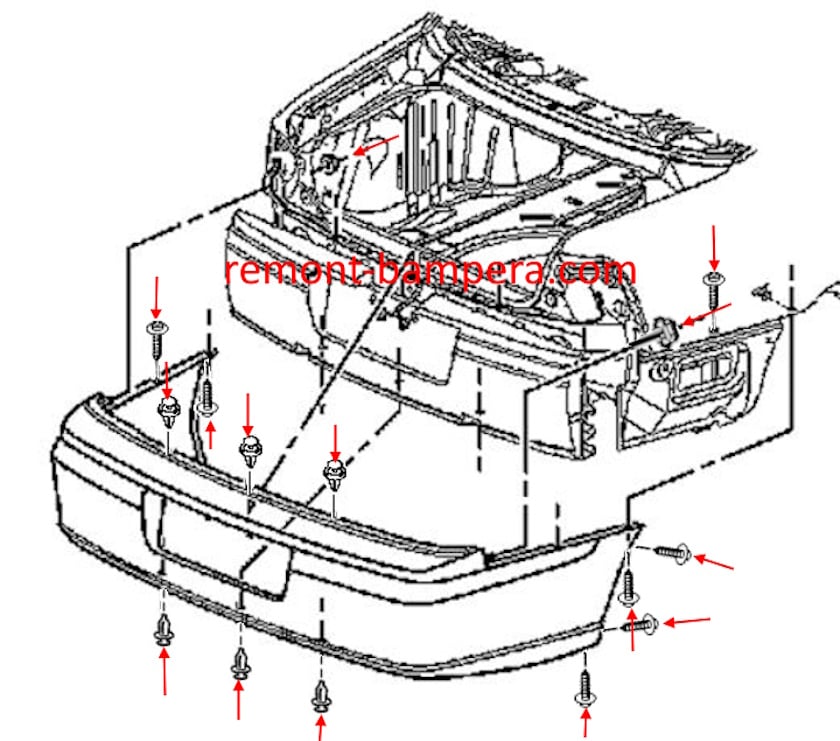Схема крепления заднего бампера Chevrolet Impala VIII (2000–2005)