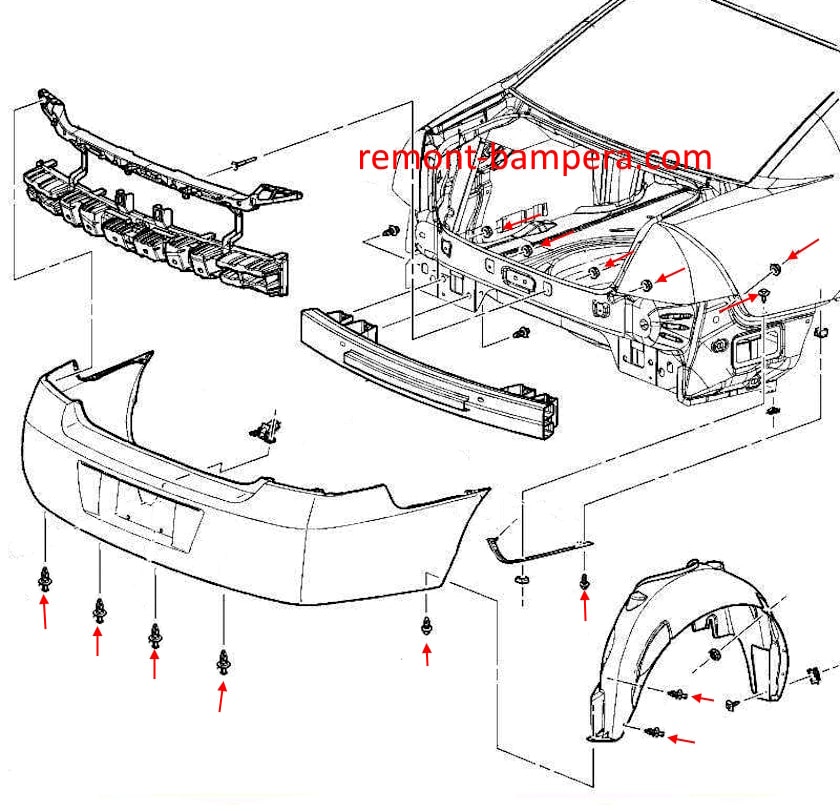 Схема крепления заднего бампера Chevrolet Impala (2006–2013) 