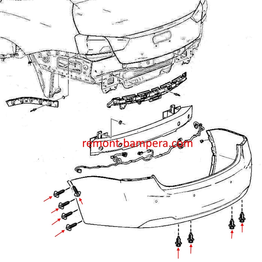 Схема крепления заднего бампера Chevrolet Impala X (2014–2020)