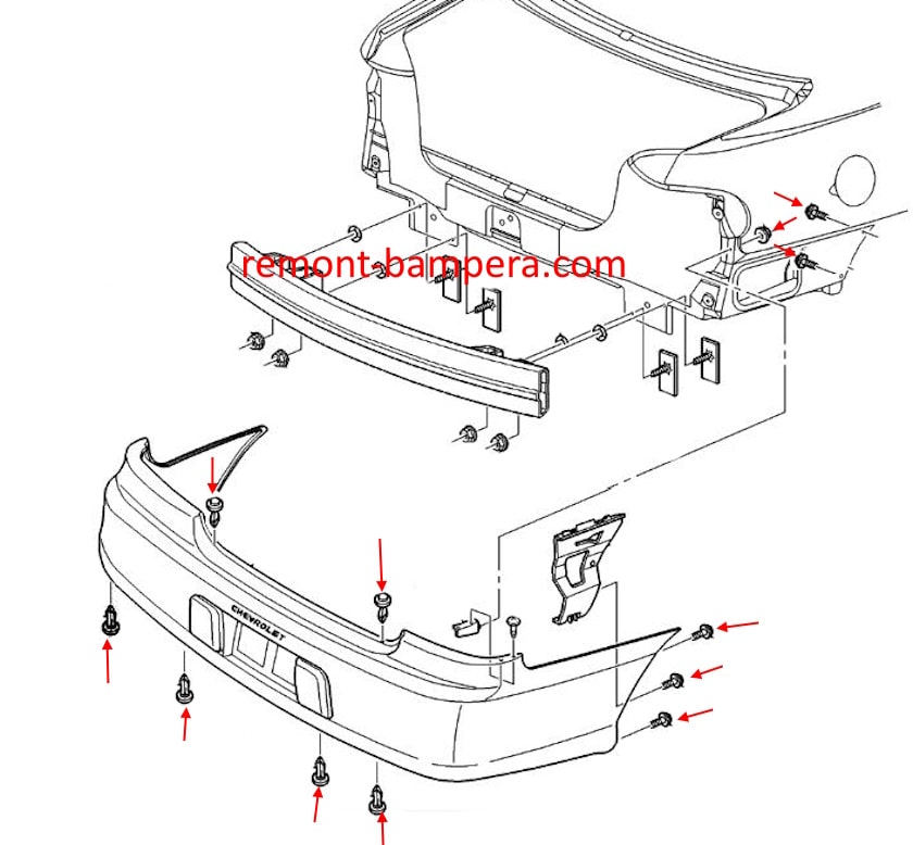 Схема крепления заднего бампера Chevrolet Malibu V (1997-2003)