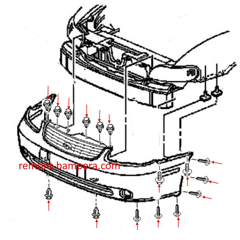Схема крепления переднего бампера Chevrolet Malibu V (1997-2003)
