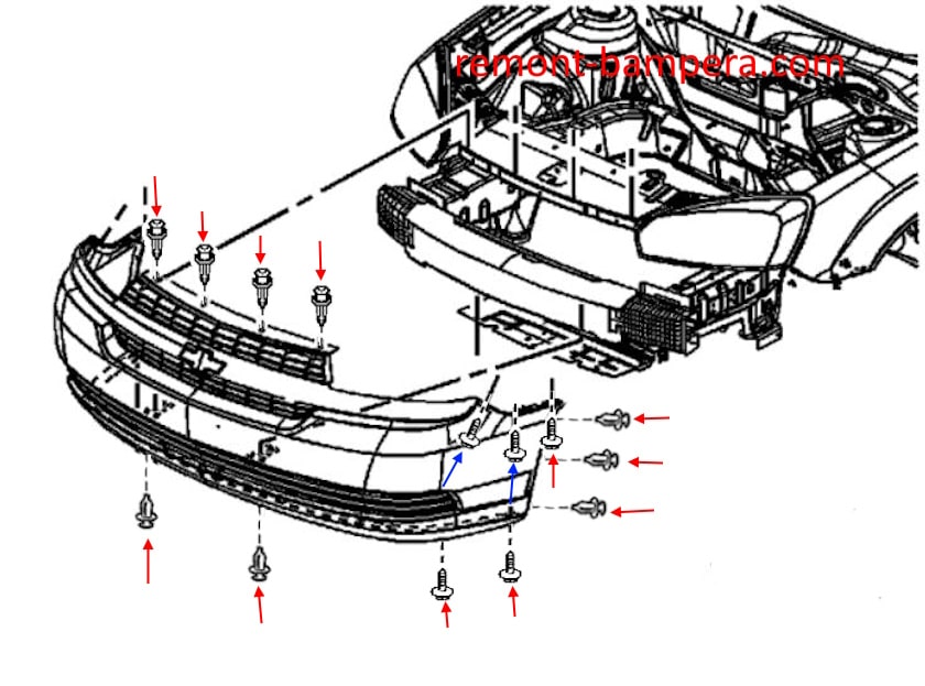 Schéma de montage du pare-chocs avant Chevrolet Malibu VI (2004-2007)