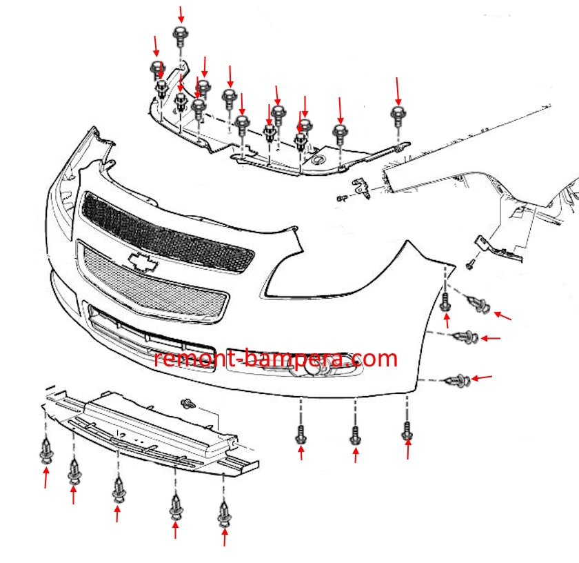 Chevrolet Malibu VII (2008-2012) front bumper mounting diagram