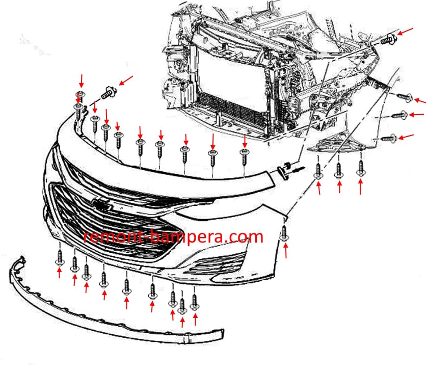 Chevrolet Malibu IX (2016-2024) front bumper mounting diagram