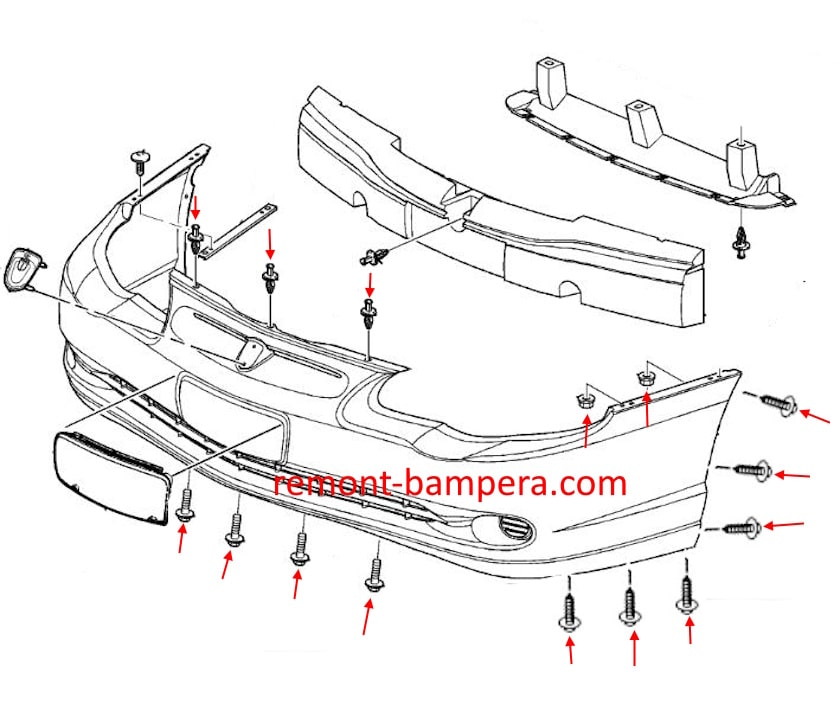 Схема крепления переднего бампера Chevrolet Monte Carlo VI (2000-2008)