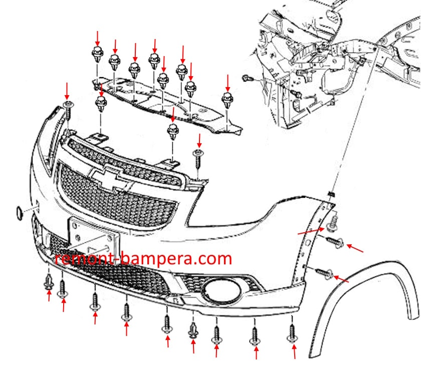 Schéma de montage du pare-chocs avant Chevrolet Orlando (2010-2018)
