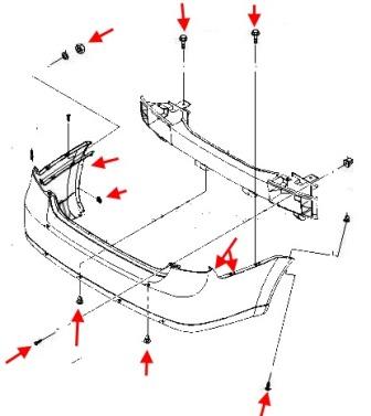 схема крепления заднего бампера Chevrolet Lacetti J200 (Nubira, Optra) (2002-2012)