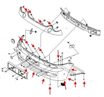 схема крепления переднего бампера Chevrolet Spark (Matiz)/ Daewoo Matiz (1998-2005)