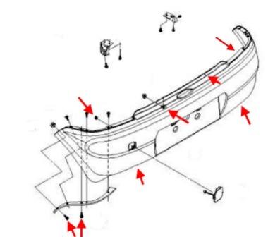 схема крепления заднего бампера Chevrolet Spark (Matiz)/ Daewoo Matiz (1998-2005)