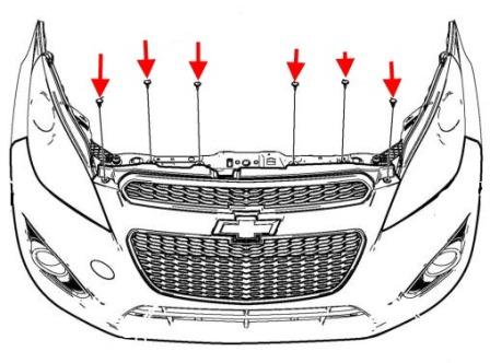 the scheme of fastening of the front bumper of the Chevrolet Spark (Matiz)/ Daewoo Matiz (after 2010)