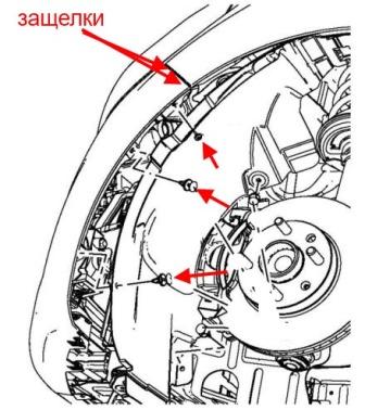 the scheme of fastening of the front bumper of the Chevrolet Spark (Matiz)/ Daewoo Matiz (after 2010)