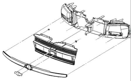 scheme of fastening of the radiator grille of the Chevrolet TrailBlazer (2001-2009)