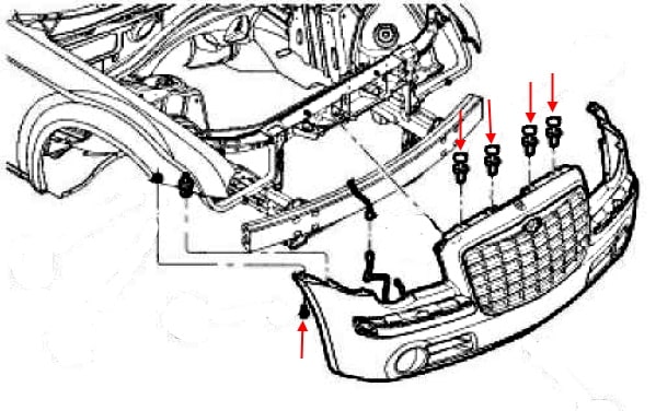 Front bumper mounting scheme Chrysler 300C I (2004-2010)