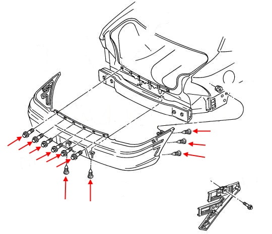 Chrysler Neon I rear bumper mounting scheme (1994-1999)