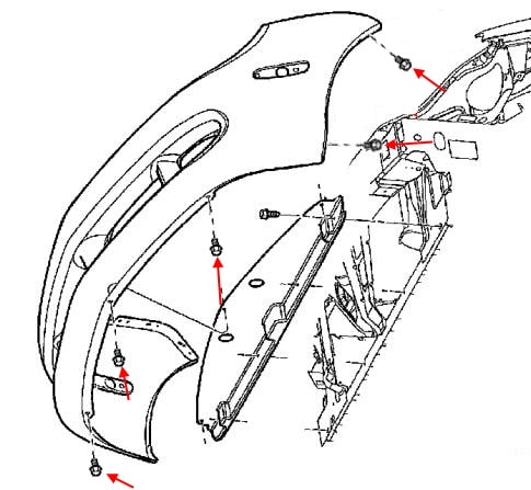 Chrysler Neon II (1999-2005) front bumper mounting scheme 