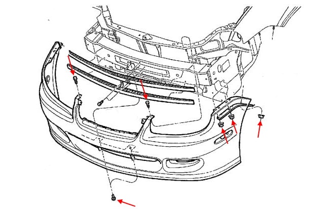 Chrysler Neon II (1999-2005) front bumper mounting scheme