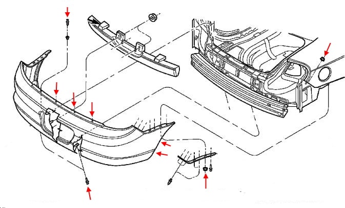 Chrysler Neon II (1999-2005) rear bumper mounting scheme 