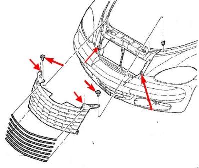 scheme of fastening of the radiator grille Chrysler PT Cruiser