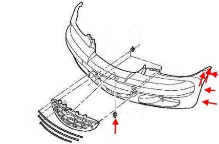 the scheme of fastening of the front bumper Chrysler PT Cruiser