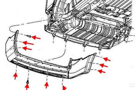 the scheme of fastening the rear bumper of the Chrysler Town & Country (Voyager) (2008-2016)