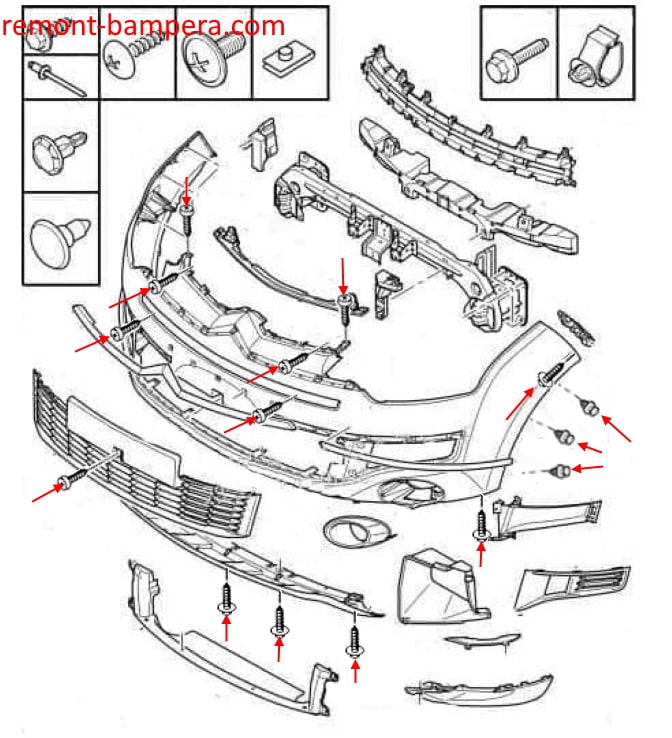 Front bumper mounting scheme Citroen C-Crosser (2007-2013)