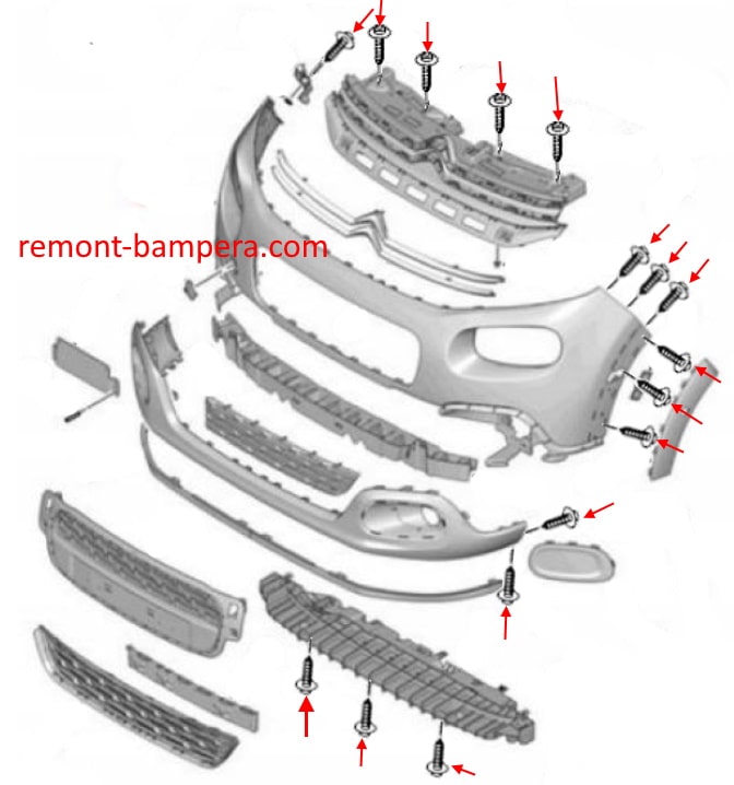 Schema montaggio paraurti anteriore Citroen C3 (SX/SY) III (2016-2023)