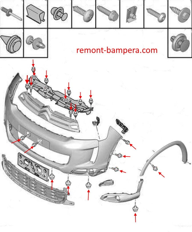 Esquema de montaje del parachoques delantero Citroen C4 Aircross (2012-2017)