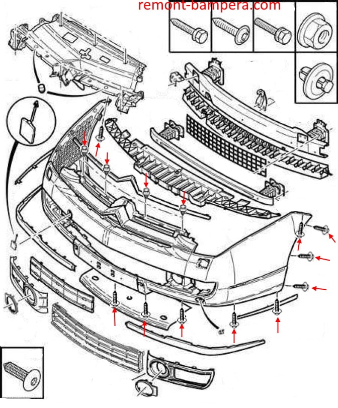 Citroen C6 front bumper mounting scheme