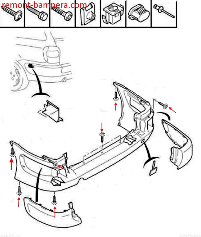 Citroen Xsara rear bumper mounting scheme (1997-2000)