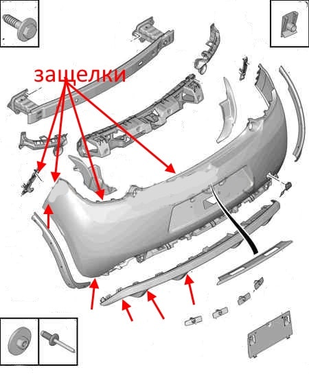 the scheme of fastening the rear bumper of the Citroen DS3