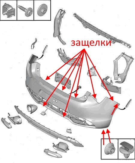 the scheme of fastening the rear bumper of the Citroen DS5