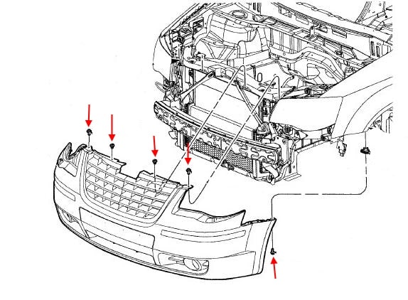 Schéma de montage du pare-chocs avant de la Dodge Grand Caravan V (2007-2020)