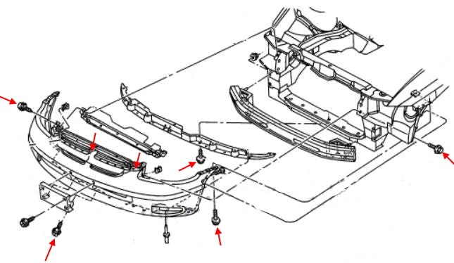 Schéma de montage du pare-chocs avant Dodge Caravan (Grand Caravan) III (1995-2000)