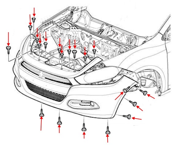 Schema di montaggio del paraurti anteriore Dodge Dart (2013-2016)