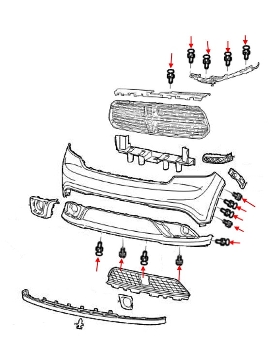 Schéma de montage du pare-chocs avant Dodge Durango III WD (2014-2022)