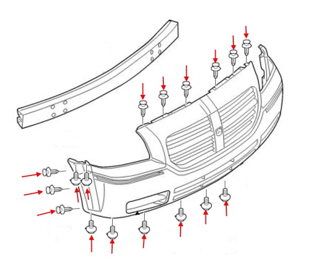 Schéma de montage du pare-chocs avant Dodge Magnum II (2003-2008)