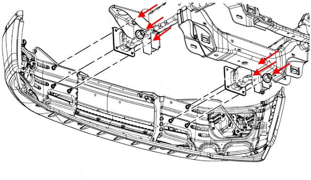 Schéma de montage du pare-chocs avant du Dodge Ram IV DS/DJ (2009-2018)