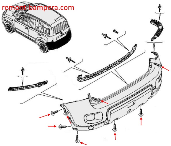 Schema montaggio paraurti posteriore Fiat Panda III (2011-2023)