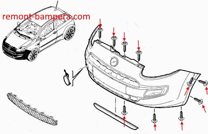 Esquema de montaje del parachoques delantero Fiat Punto (Grande/Evo) III (2005-2018)