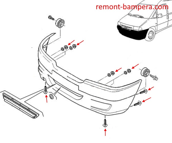 Esquema de montaje del parachoques delantero Fiat Scudo I (1995-2007)