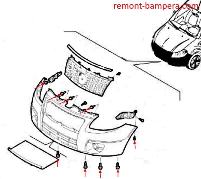 Esquema de montaje del parachoques delantero Fiat Sedici (2005-2014)