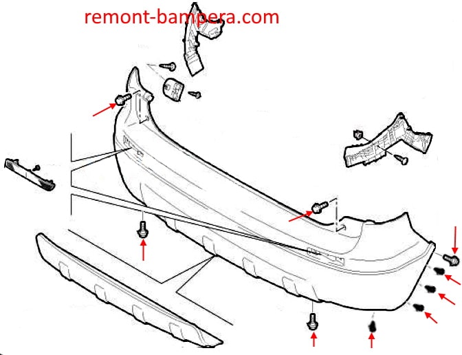 Esquema de montaje del parachoques trasero Fiat Sedici (2005-2014)