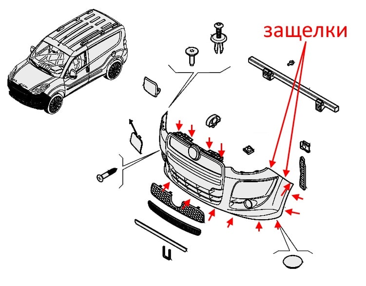 Schema montaggio paraurti anteriore Fiat Doblo II (2010-2023) 